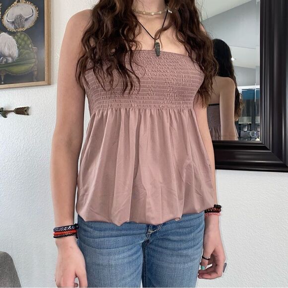 Womens Square Neck Strapless Sleeveless Peplum Tube Top Tank Tan One Size - Picture 1 of 5